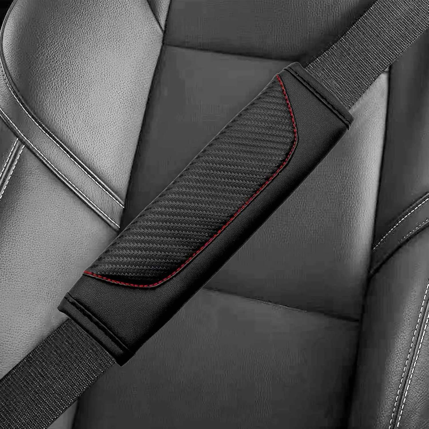 2PCS Leather Carbon Fiber Safety Safety Belt Shoulder, Soft Car Safety Belt Cover Protect Your Neck and Shoulder, Car Accessories Safety Belt Pad Compatible with Car Truck (Black)