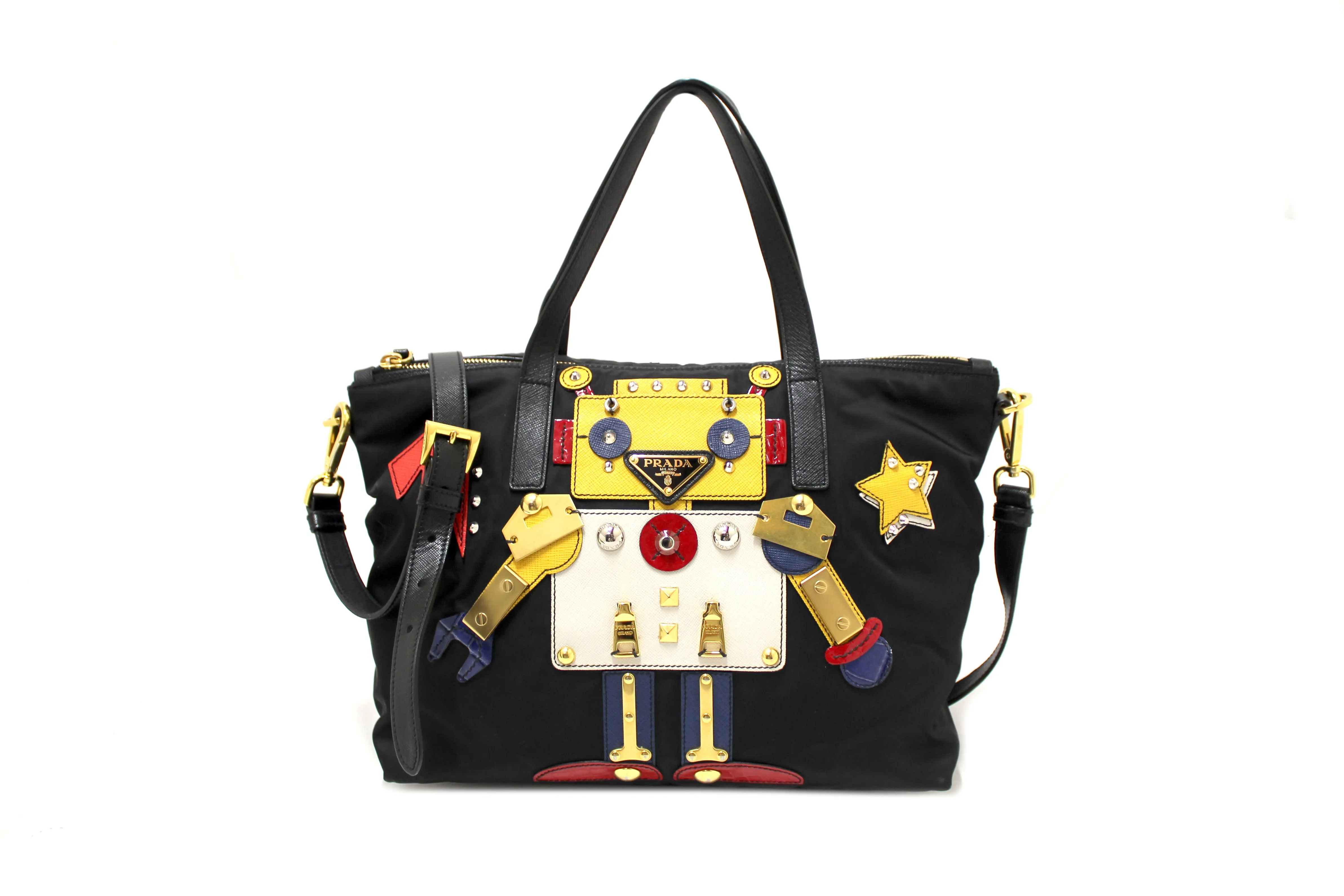 Authentic Prada Black Tessuto Nylon Robot Tote Bag