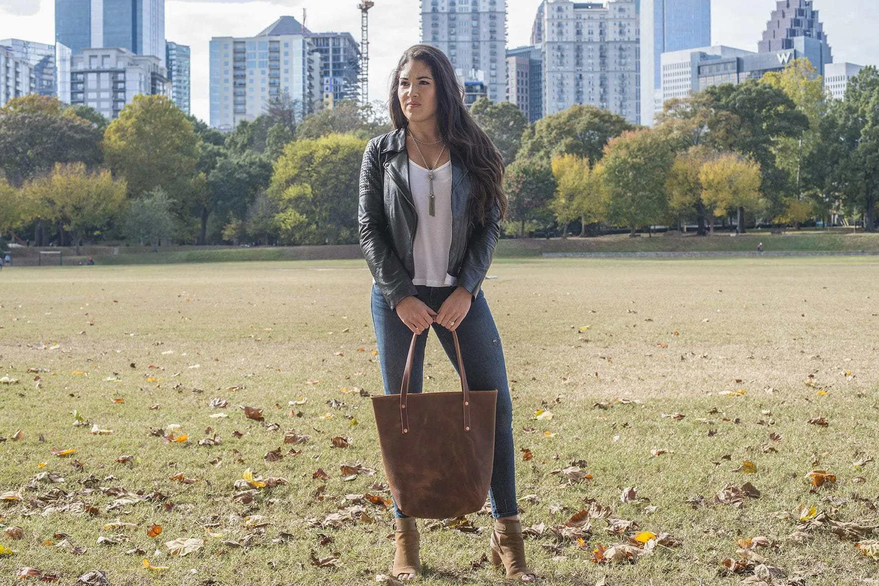 AVERY LEATHER TOTE BAG - SLIM MEDIUM - SADDLE