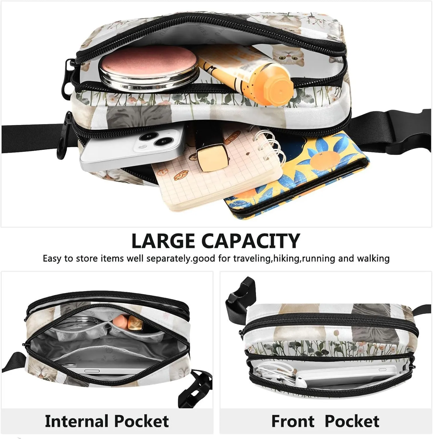 Beauty Scottish Fold Cats White Cute Waist Bag Fanny Pack for Women Men Teenagers Multipurpose Crossbody Bag Anti Theft Waist Pack with Adjustable Strap for Cycling Hiking Gym