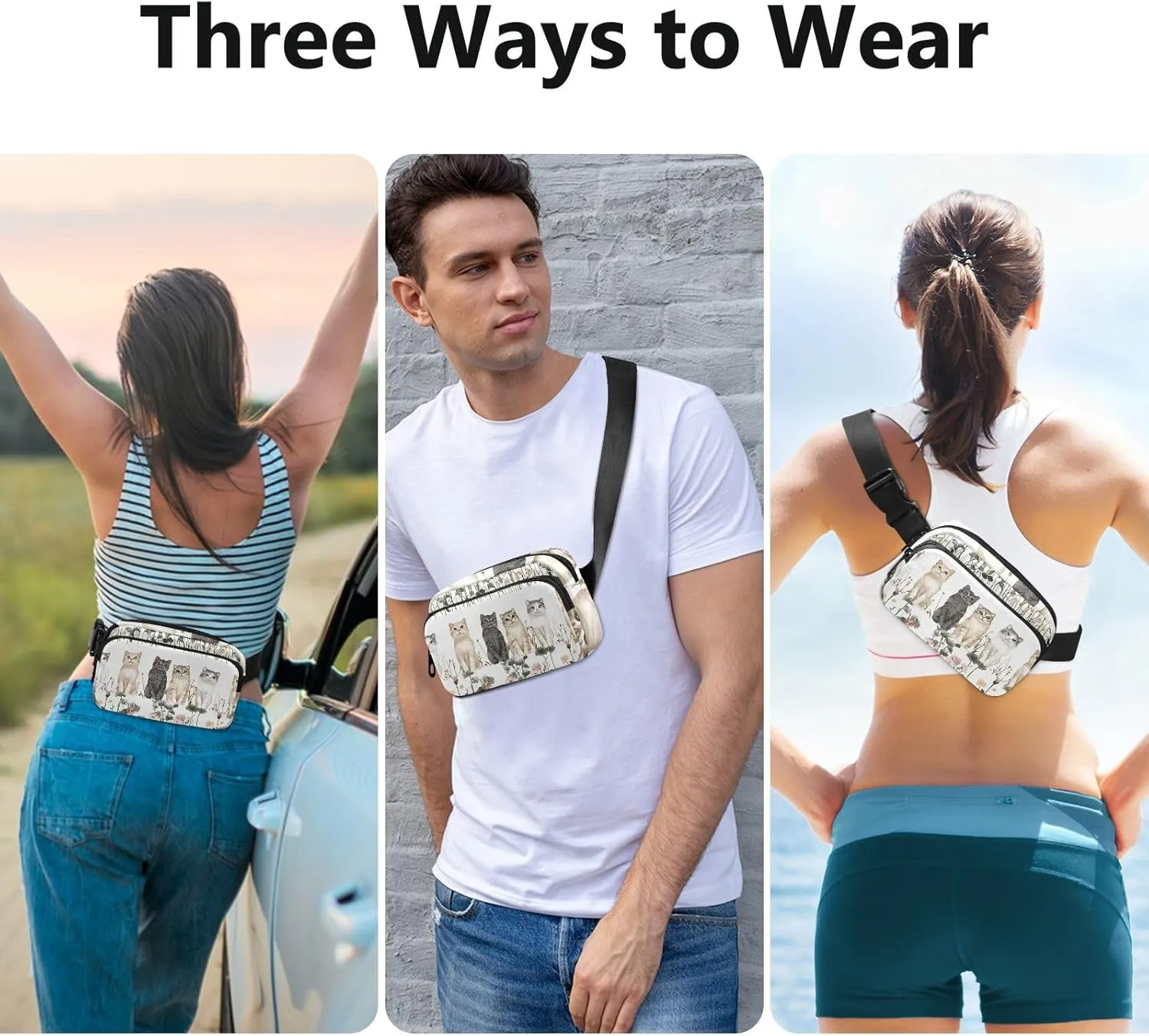 Beauty Scottish Fold Cats White Cute Waist Bag Fanny Pack for Women Men Teenagers Multipurpose Crossbody Bag Anti Theft Waist Pack with Adjustable Strap for Cycling Hiking Gym