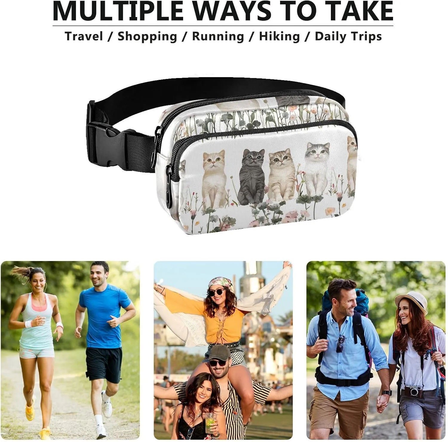 Beauty Scottish Fold Cats White Cute Waist Bag Fanny Pack for Women Men Teenagers Multipurpose Crossbody Bag Anti Theft Waist Pack with Adjustable Strap for Cycling Hiking Gym