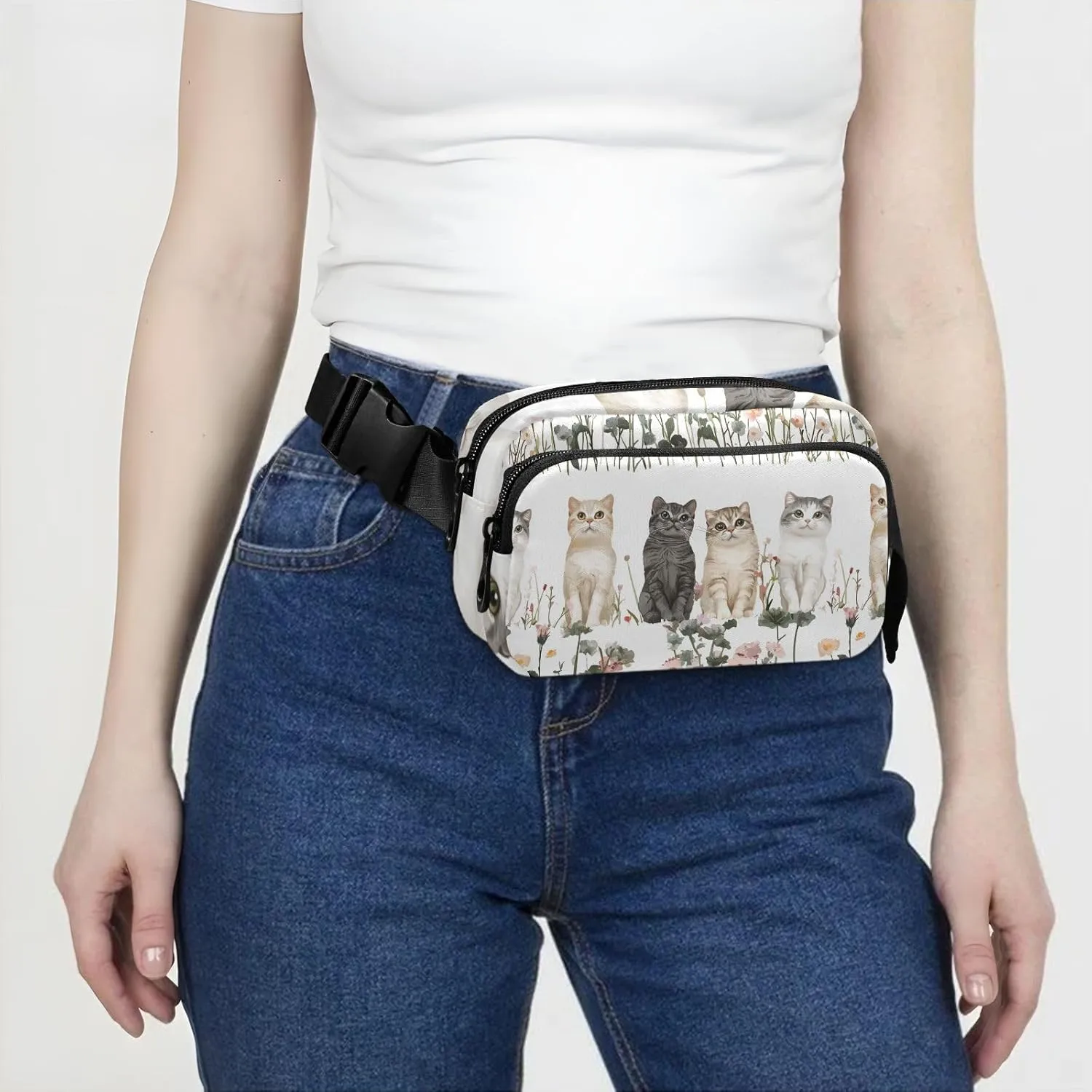 Beauty Scottish Fold Cats White Cute Waist Bag Fanny Pack for Women Men Teenagers Multipurpose Crossbody Bag Anti Theft Waist Pack with Adjustable Strap for Cycling Hiking Gym