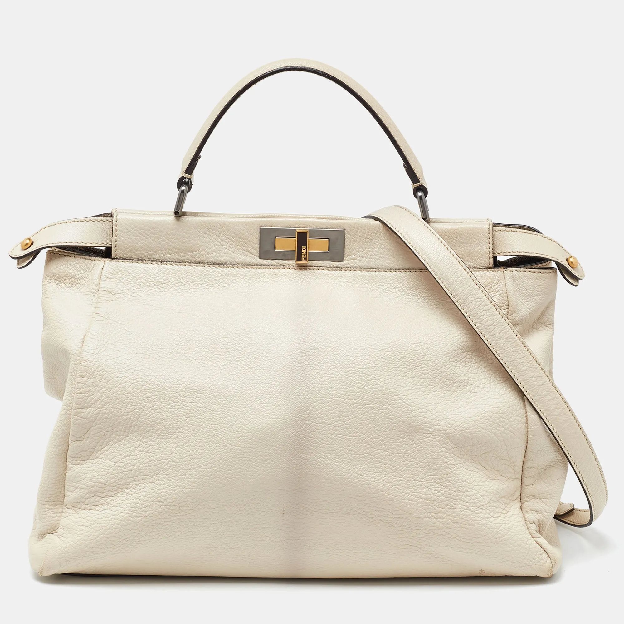 Beige Leather Large Peekaboo Top Handle Bag