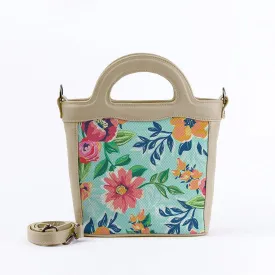 Beige Top Handle Handbag Cyan Floral