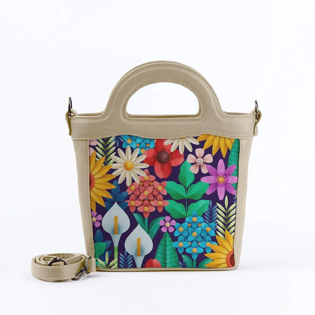 Beige Top Handle Handbag Standing Flowers