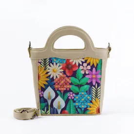 Beige Top Handle Handbag Standing Flowers