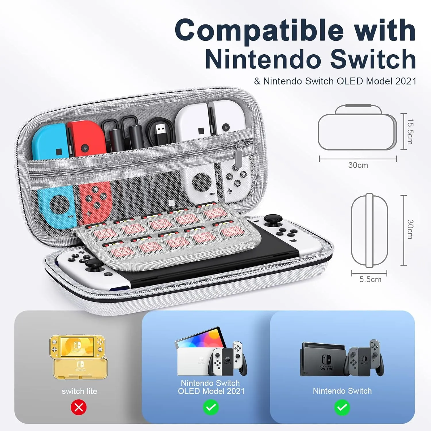 Benazcap Carrying Case Compatible with Nintendo Switch/Switch OLED Console, with 10 Games Storage Compartment - Protective Hard Shell Travel Carrying Case Pouch for Console & Accessories, White