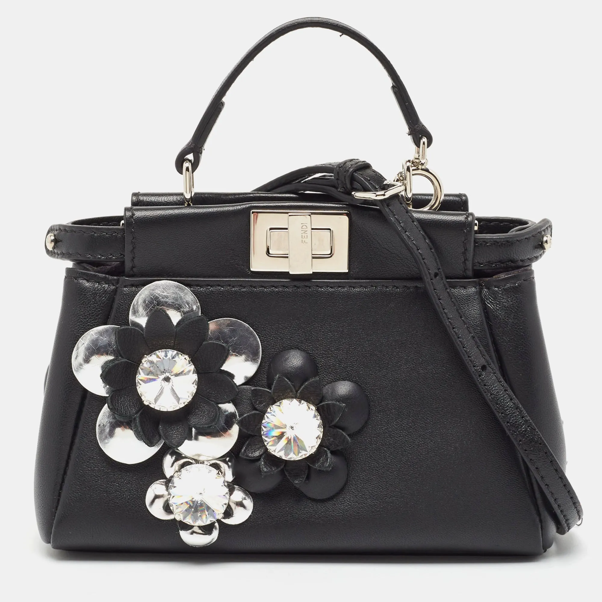 Black Leather Micro Crystal Embellished Peekaboo Crossbody Bag
