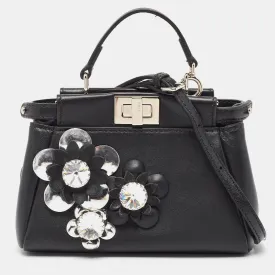 Black Leather Micro Crystal Embellished Peekaboo Crossbody Bag