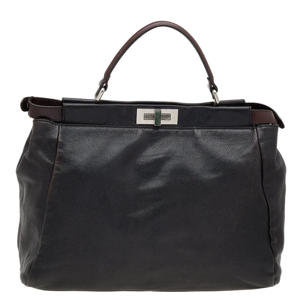 Black/Dark Brown Leather Large Peekaboo Top Handle Bag
