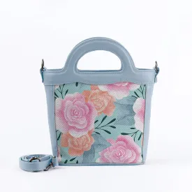 Blue Top Handle Handbag Floral Rose
