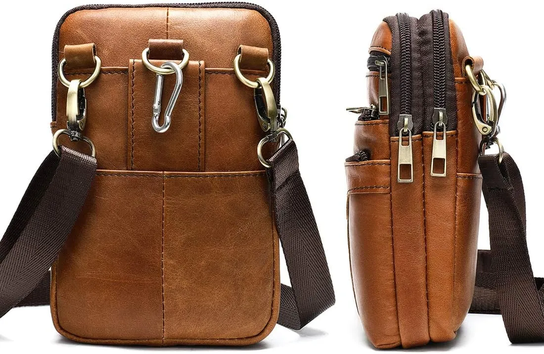 Cell Phone Shoulder Bag Leather Brown, Mobile Phone Belt Clip Bag, Multifunction Leather Crossbody Messenger Bag Smartphone Belt Loop Holder Satchel Side Bag Handbag for Working Shopping Daily Use