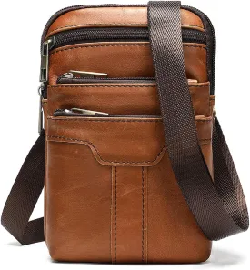 Cell Phone Shoulder Bag Leather Brown, Mobile Phone Belt Clip Bag, Multifunction Leather Crossbody Messenger Bag Smartphone Belt Loop Holder Satchel Side Bag Handbag for Working Shopping Daily Use
