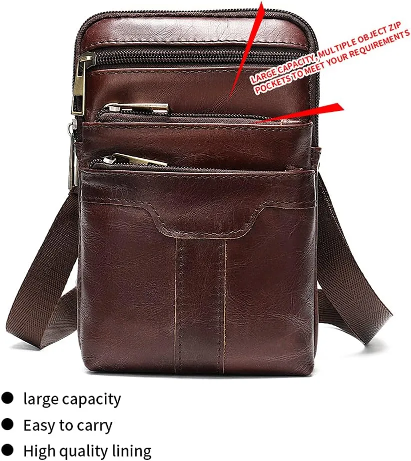 Cell Phone Shoulder Bag Leather Brown, Mobile Phone Belt Clip Bag, Multifunction Leather Crossbody Messenger Bag Smartphone Belt Loop Holder Satchel Side Bag Handbag for Working Shopping Daily Use