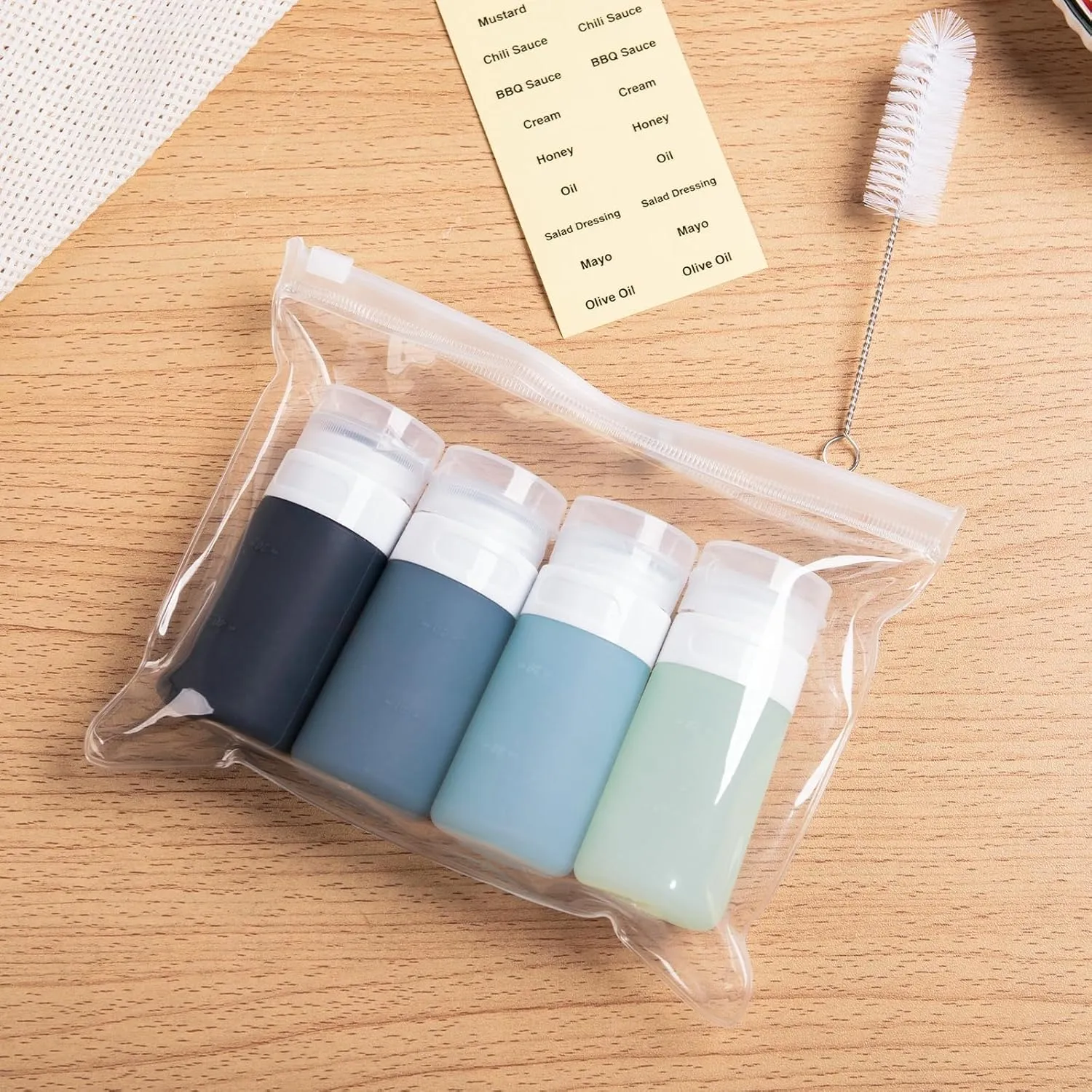Condiment Squeeze Bottles for Sauces, 2-oz Mini Silicone Salad Dressing Container to Go with Reusable Sandwich Bag, Leakproof Ketchup Bottle for Bento Lunch Box, 4 Pack, Gray