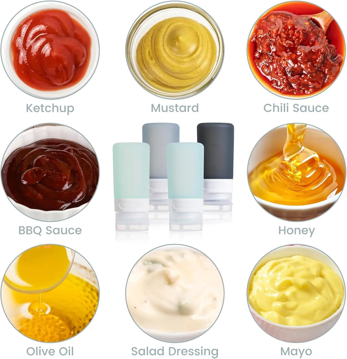 Condiment Squeeze Bottles for Sauces, 2-oz Mini Silicone Salad Dressing Container to Go with Reusable Sandwich Bag, Leakproof Ketchup Bottle for Bento Lunch Box, 4 Pack, Gray
