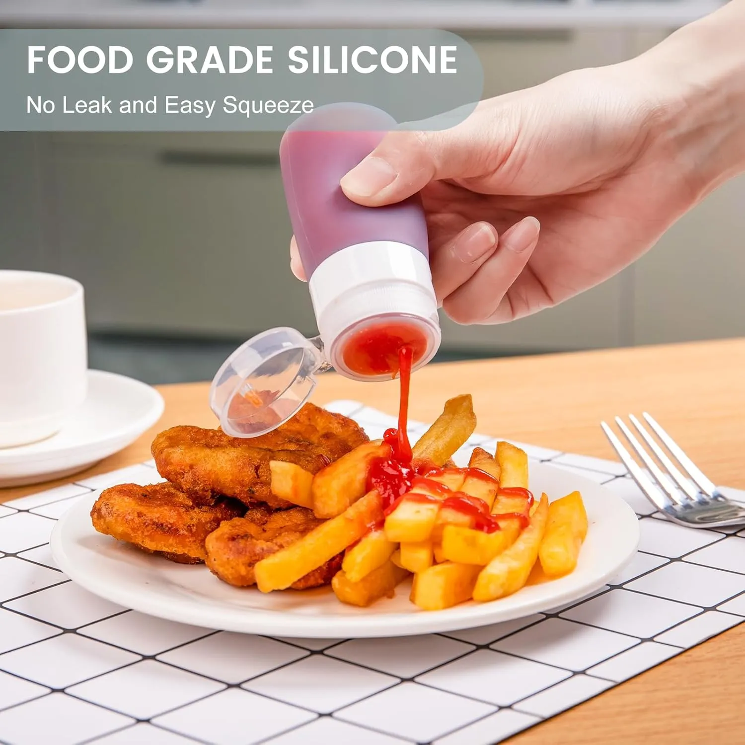 Condiment Squeeze Bottles for Sauces, 2-oz Mini Silicone Salad Dressing Container to Go with Reusable Sandwich Bag, Leakproof Ketchup Bottle for Bento Lunch Box, 4 Pack, Gray