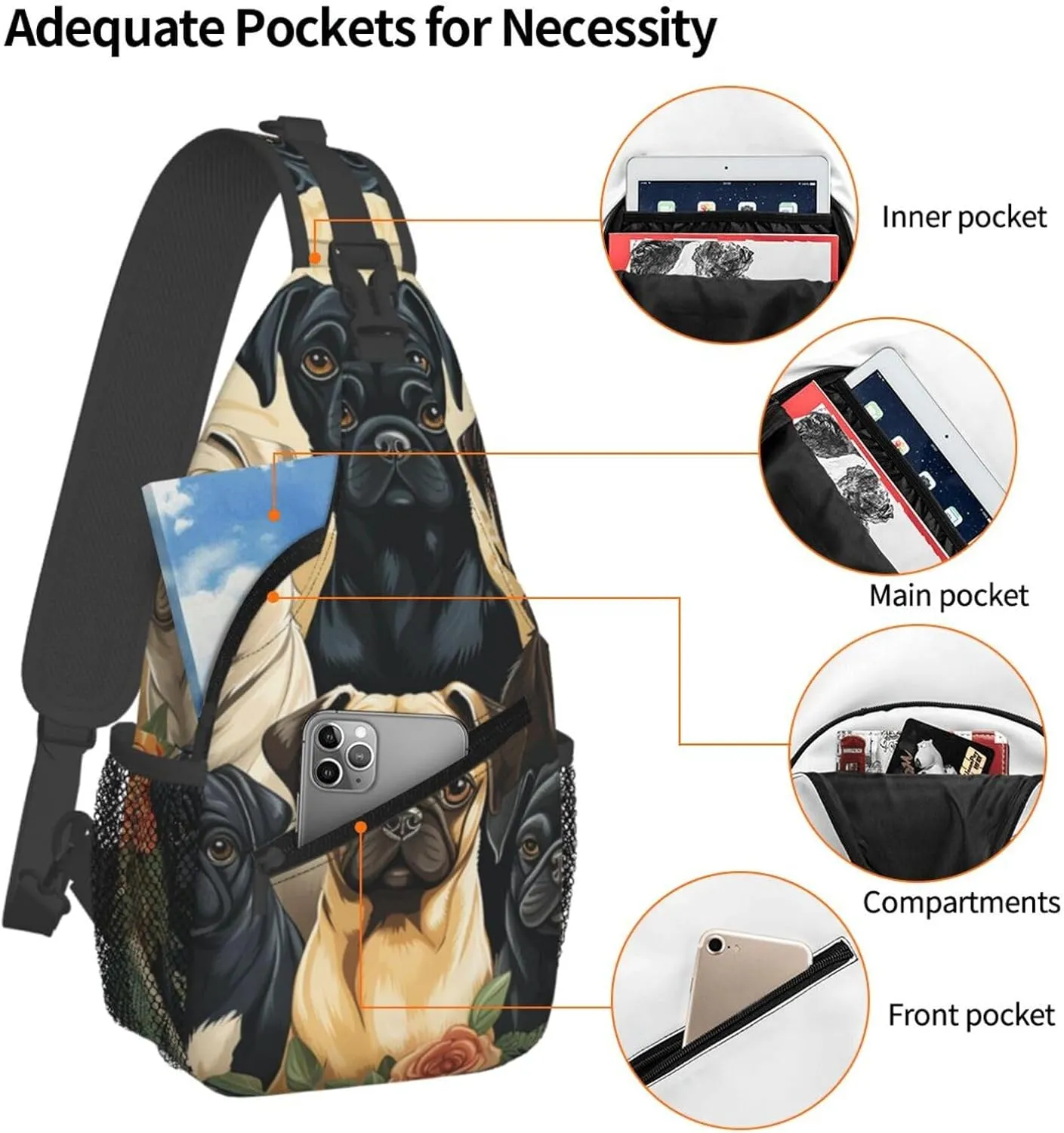 Crossbody Bag for Women Men Pug Chest Bag Crossbody Sling Bag Adjustable Shoulder Bag