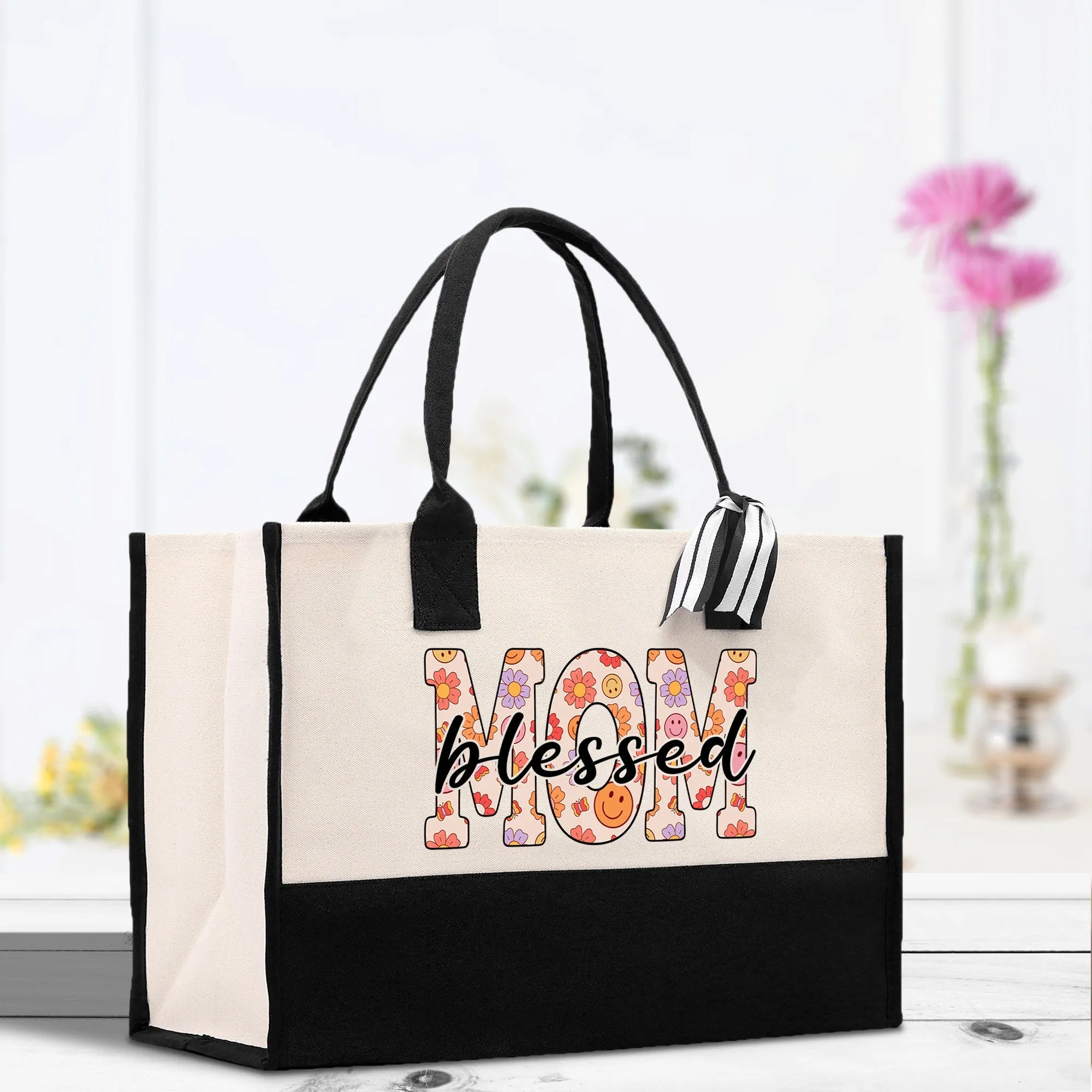 Cute Floral Blessed Mom Cotton Canvas Tote Bag Mom Gift Mom Bag Mom Shopping Bag New Mom Gift Best Mom Ever Bag Boy Girl Mama Tote