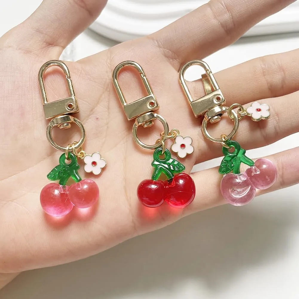 Cute Jelly Cherry Keychain 3pcs Set Fruit Shape Small Pendant Key Chain Bag Charm Car Key Ring