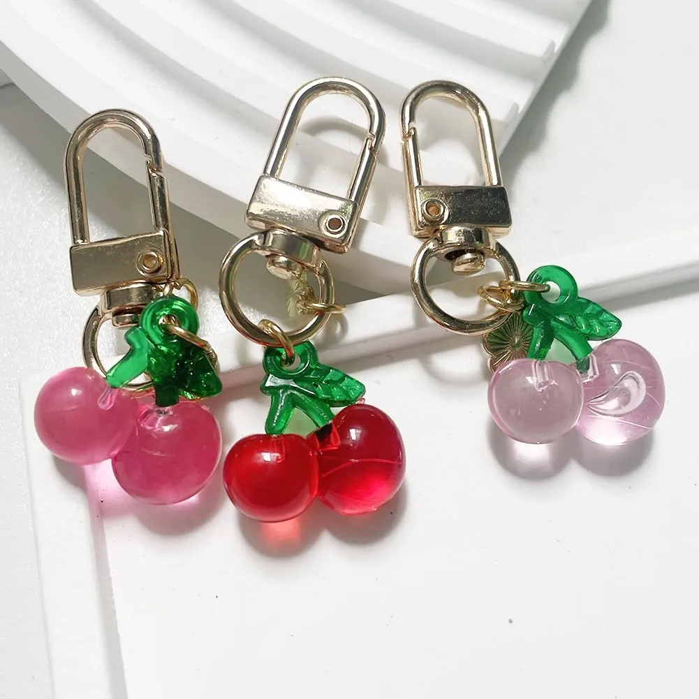 Cute Jelly Cherry Keychain 3pcs Set Fruit Shape Small Pendant Key Chain Bag Charm Car Key Ring