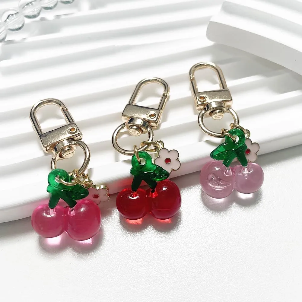 Cute Jelly Cherry Keychain 3pcs Set Fruit Shape Small Pendant Key Chain Bag Charm Car Key Ring