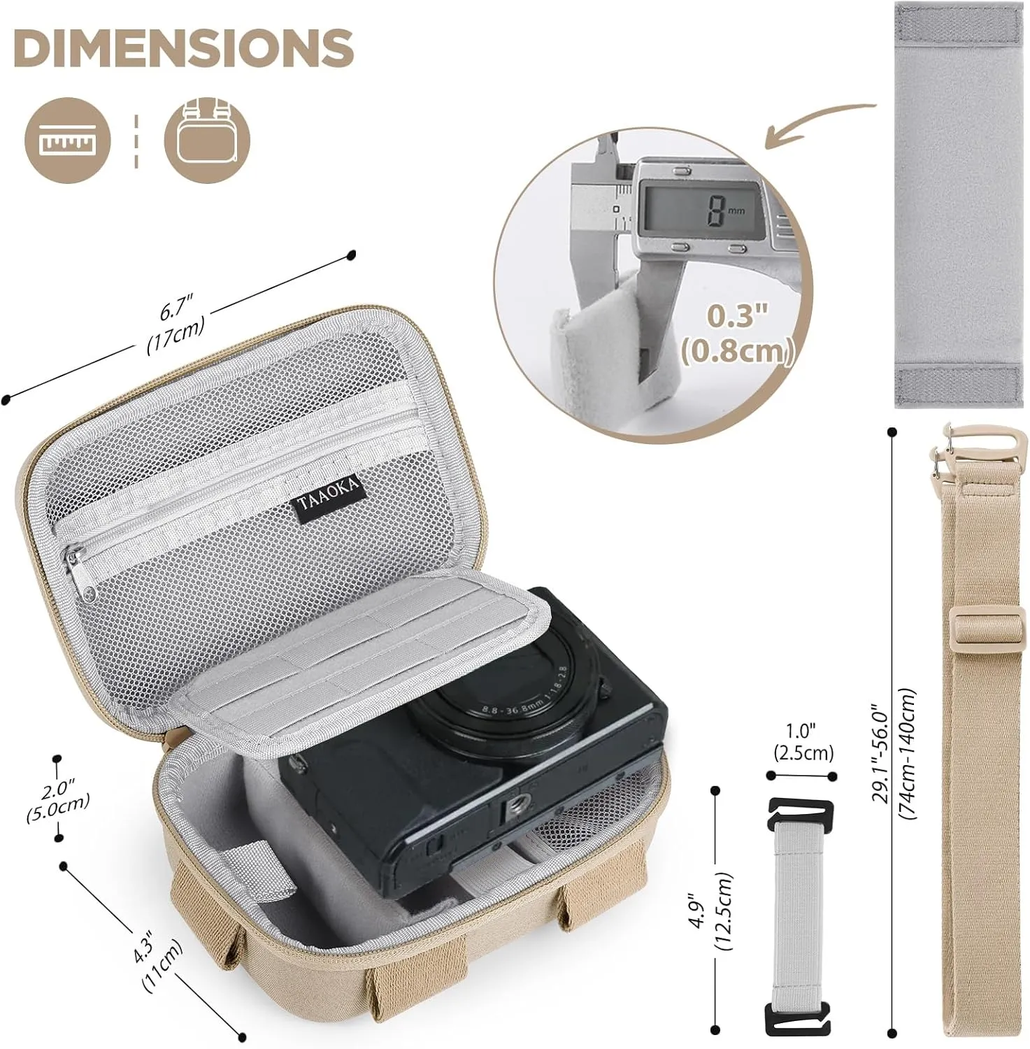 Digital Camera Case, Protective & Lightweight Camera Case with 3 Carrying Ways, Waterproof & Shockproof Small Camera Bag for Power Shot/Sony DSCW800/DSCW830 - Beige