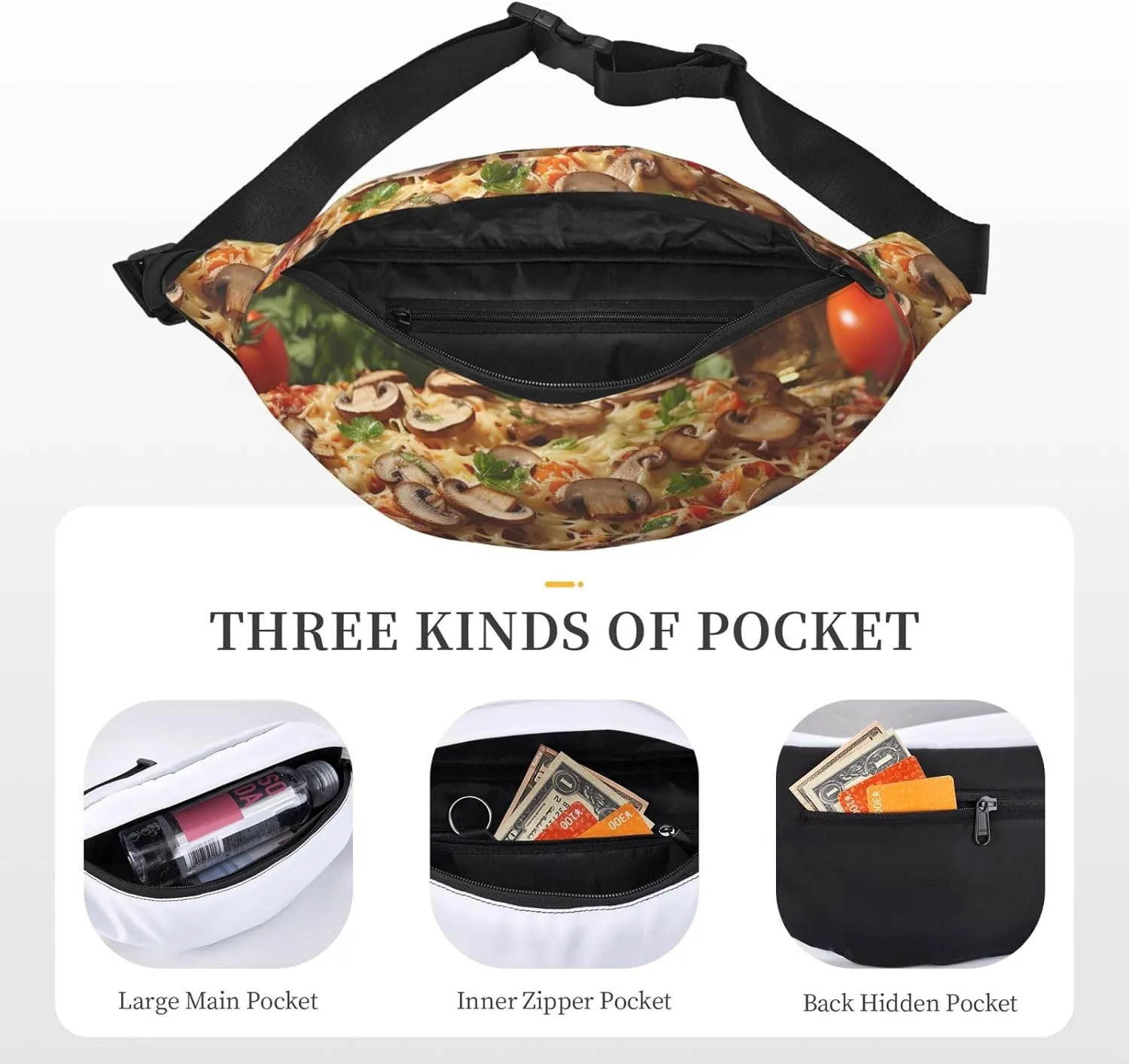 Fanny Pack Belt Bag for Women Men Waterproof Waist Pack Seaside Town Waist Bag with Adjustable Strap, Mushrooms Tomatoes Pizza, One Size