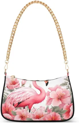 Flamingo Flower Tote Bag Hobo Handbag for Women Ladies Shoulder Bag Mini Clutch Purse with Zipper Closure