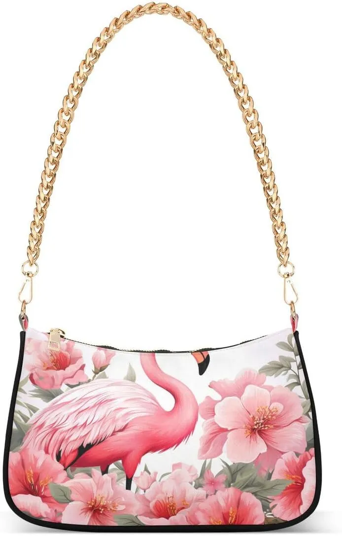 Flamingo Flower Tote Bag Hobo Handbag for Women Ladies Shoulder Bag Mini Clutch Purse with Zipper Closure