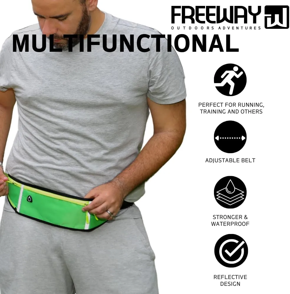 FREEWAYMultifunction Running Bag - Sports belt - Training Belt with Water Bottle Holder - Sports Belt with Zipper - for Men and Women (GREEN)