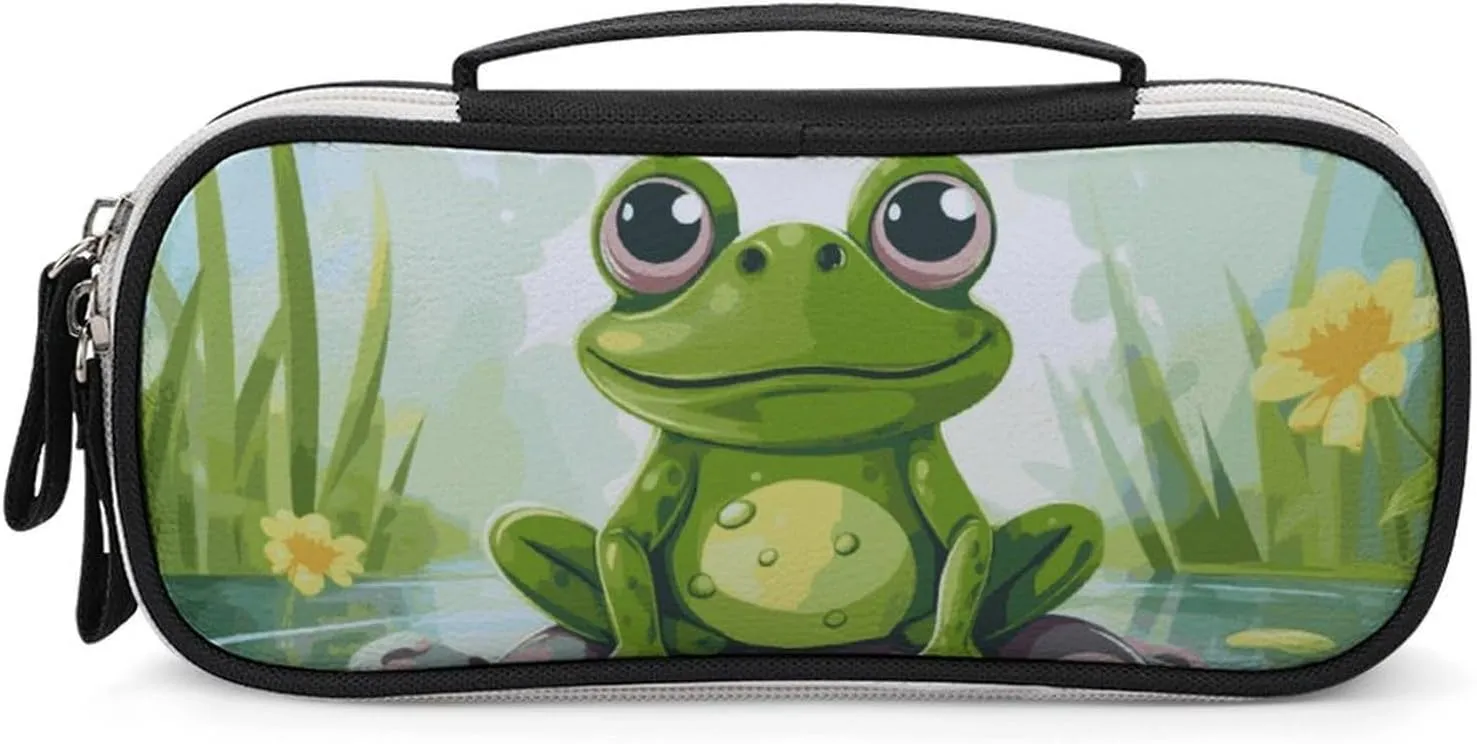 Frog in A Pond Leather Makeup Bag Portable Small Cosmetic Organizer Waterproof Toiletry Bags Brushes Pencils And Travel Make Up Accessories