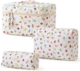HBselect Quilted Makeup Bag, 3PCS Cotton Large Travel Makeup Bag, Cute Floral Coquette Make up Bag Cosmetic Bag Toiletry Bag for Women Girls