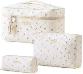 HBselect Quilted Makeup Bag, 3PCS Cotton Large Travel Makeup Bag, Cute Floral Coquette Make up Bag Cosmetic Bag Toiletry Bag for Women Girls