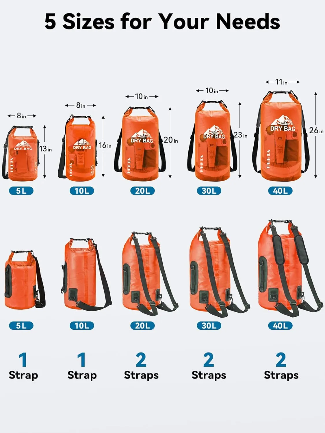 HEETA Dry Bag Waterproof for Women Men, 5L/10L/20L/30L/40L Roll Top Lightweight Dry Storage Bag Backpack with Phone Case for Travel, Swimming, Boating, Kayaking, Camping & Beach, 11 Transparent Colors