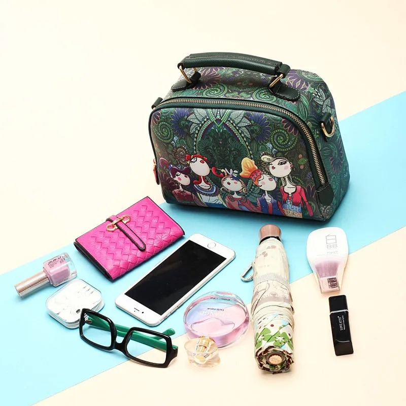 High Quality Pu Leather Ladies Green Cartoon Handbag Shoulder Bag Female