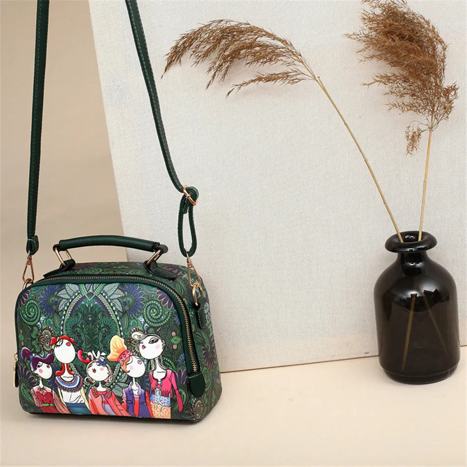 High Quality Pu Leather Ladies Green Cartoon Handbag Shoulder Bag Female
