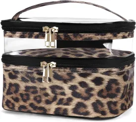 HUA ANGEL Double-layer Cosmetic Bag Travel Makeup Bag for Women Leather Cosmetic Case Portable Travel-Size Toiletry Organizer