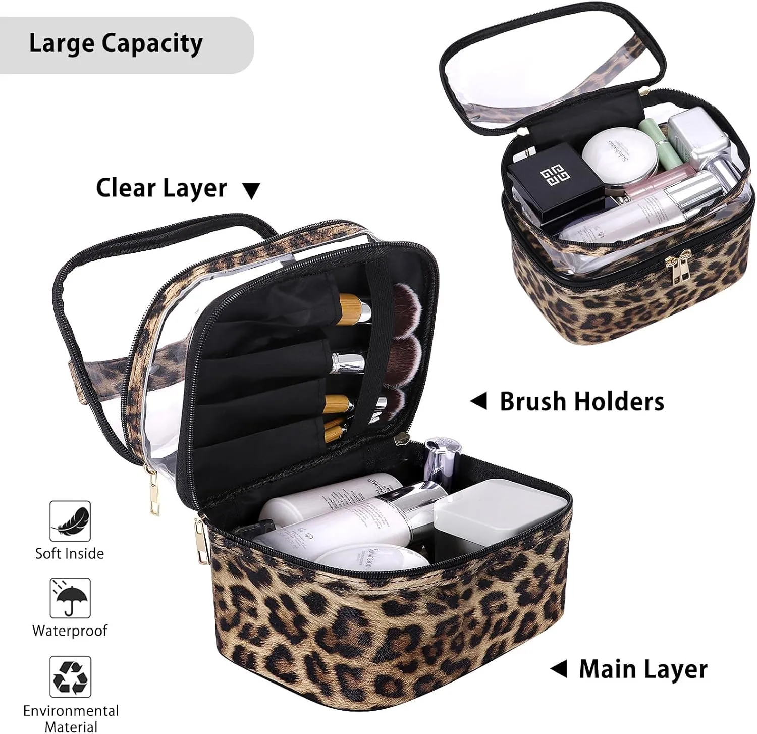 HUA ANGEL Double-layer Cosmetic Bag Travel Makeup Bag for Women Leather Cosmetic Case Portable Travel-Size Toiletry Organizer