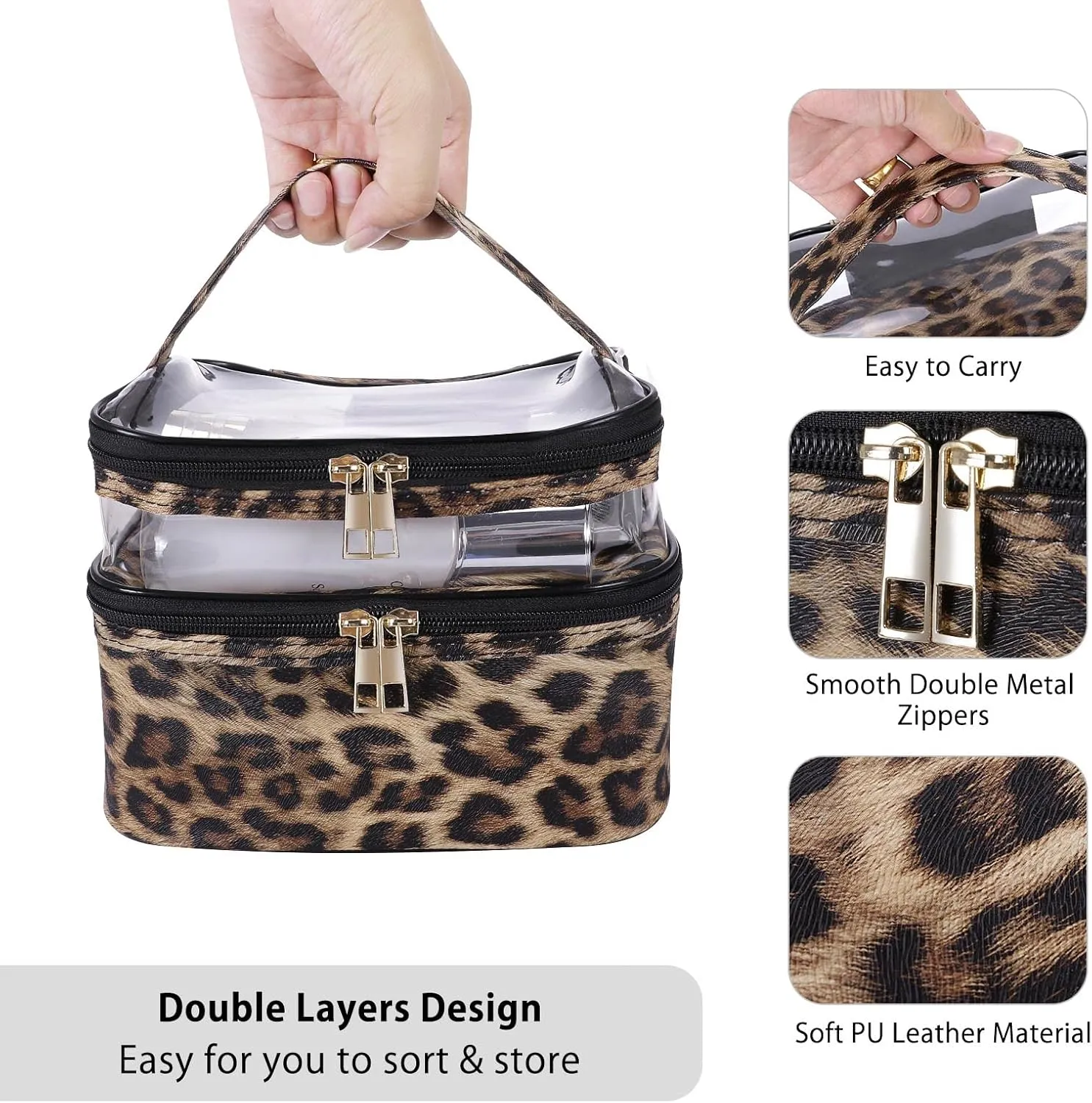 HUA ANGEL Double-layer Cosmetic Bag Travel Makeup Bag for Women Leather Cosmetic Case Portable Travel-Size Toiletry Organizer