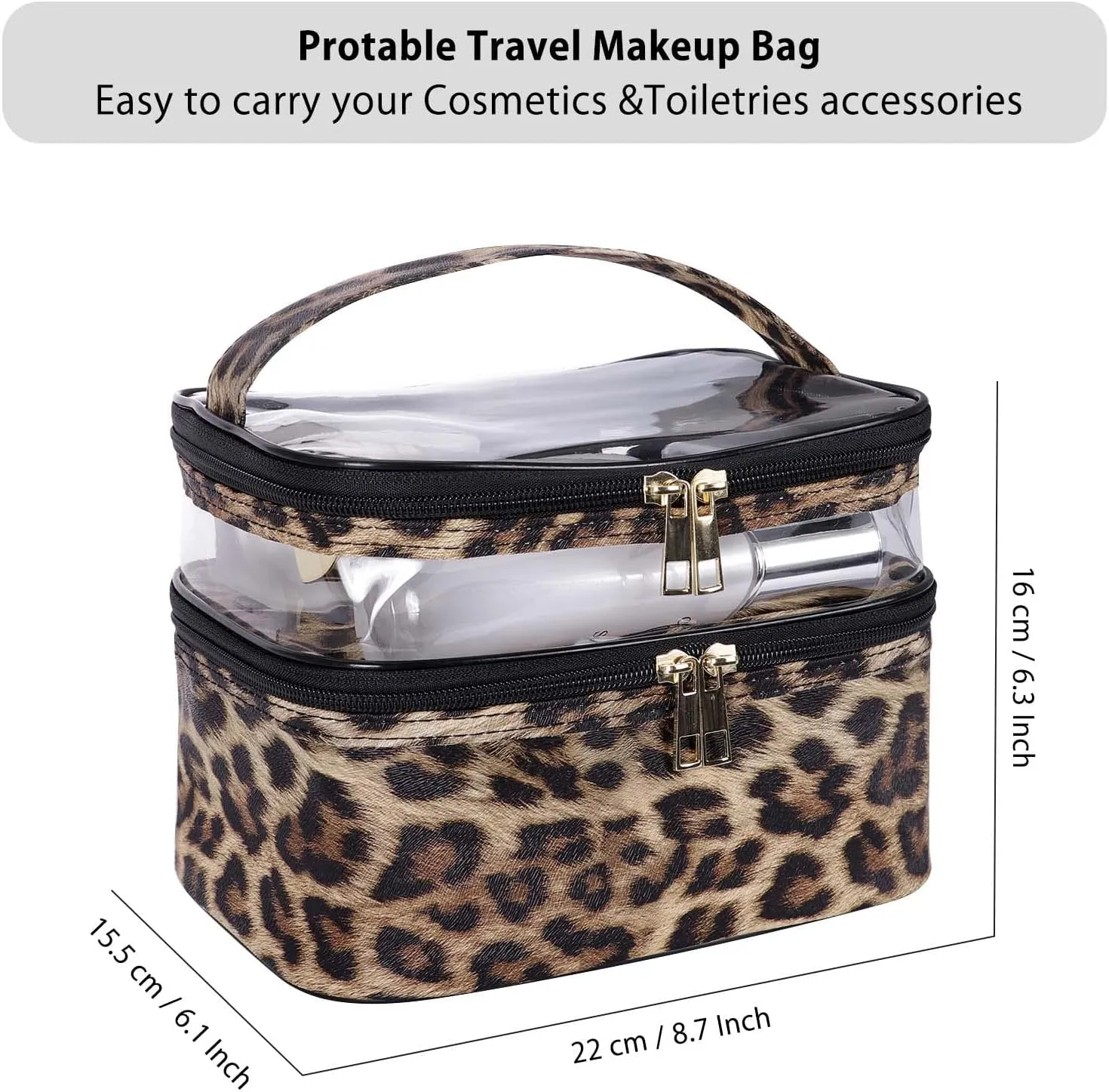 HUA ANGEL Double-layer Cosmetic Bag Travel Makeup Bag for Women Leather Cosmetic Case Portable Travel-Size Toiletry Organizer