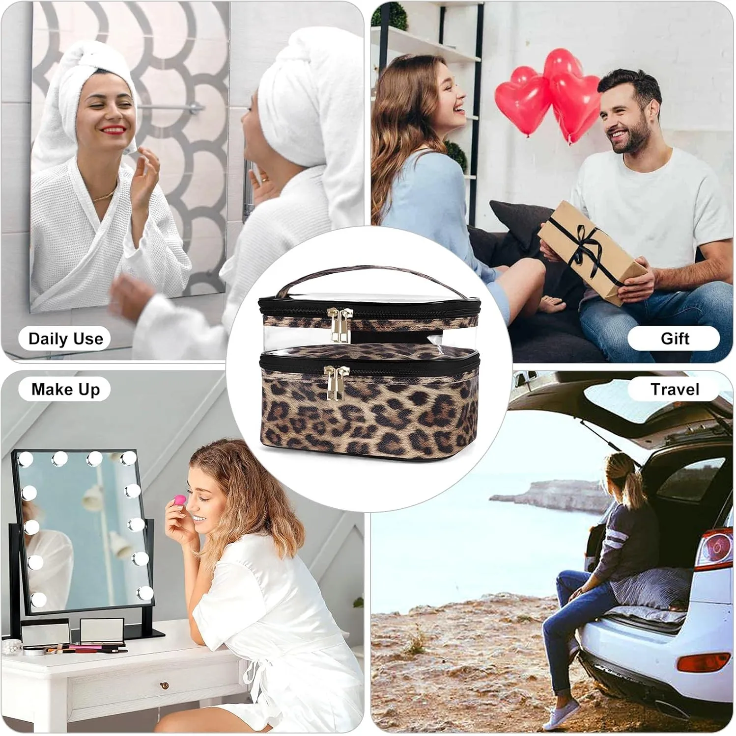 HUA ANGEL Double-layer Cosmetic Bag Travel Makeup Bag for Women Leather Cosmetic Case Portable Travel-Size Toiletry Organizer