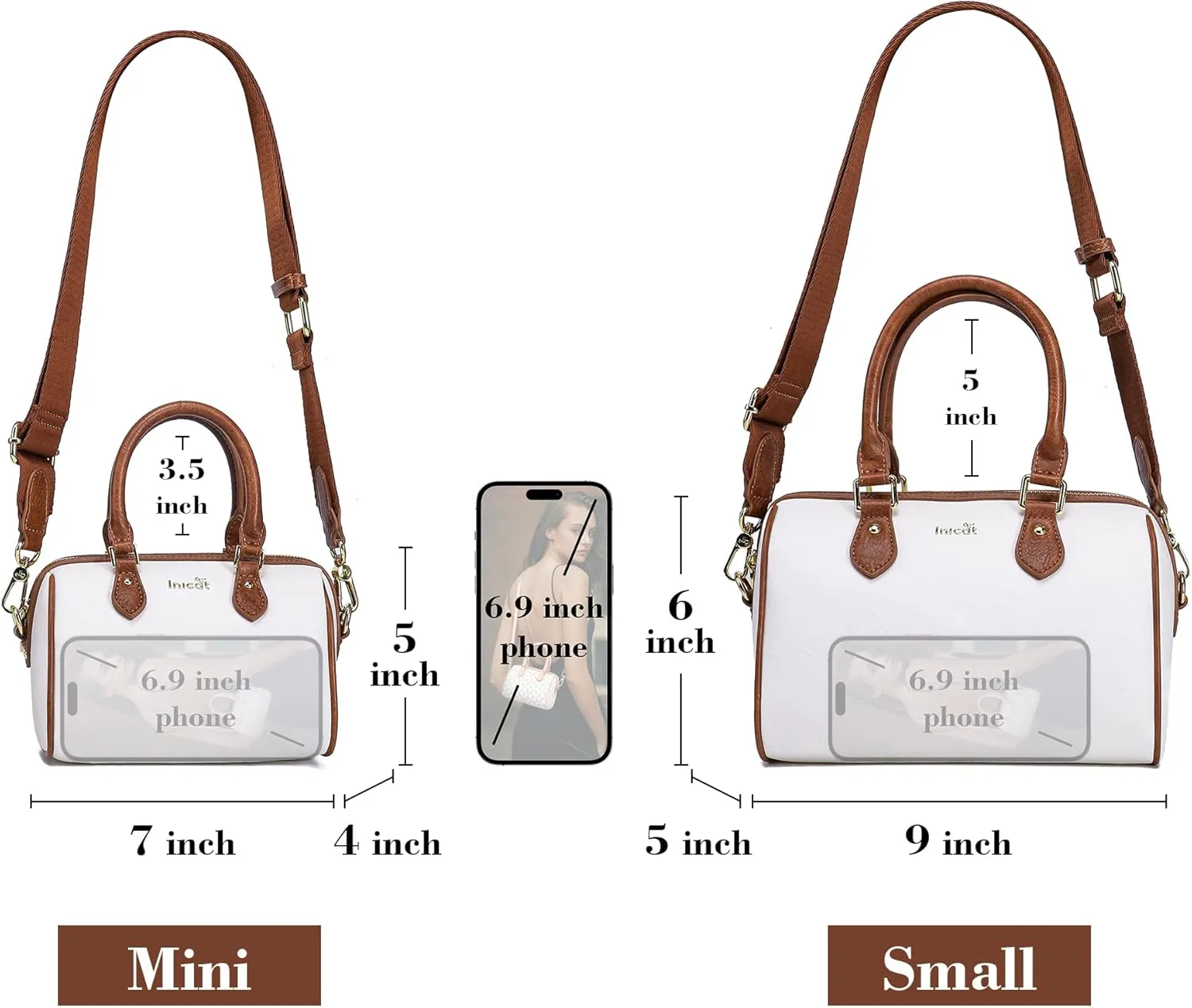 INICAT Barrel Bag for Women Top Handle Satchel Shoulder Boston Bags Crossbody Purse Handbag with Detachable Long Strap