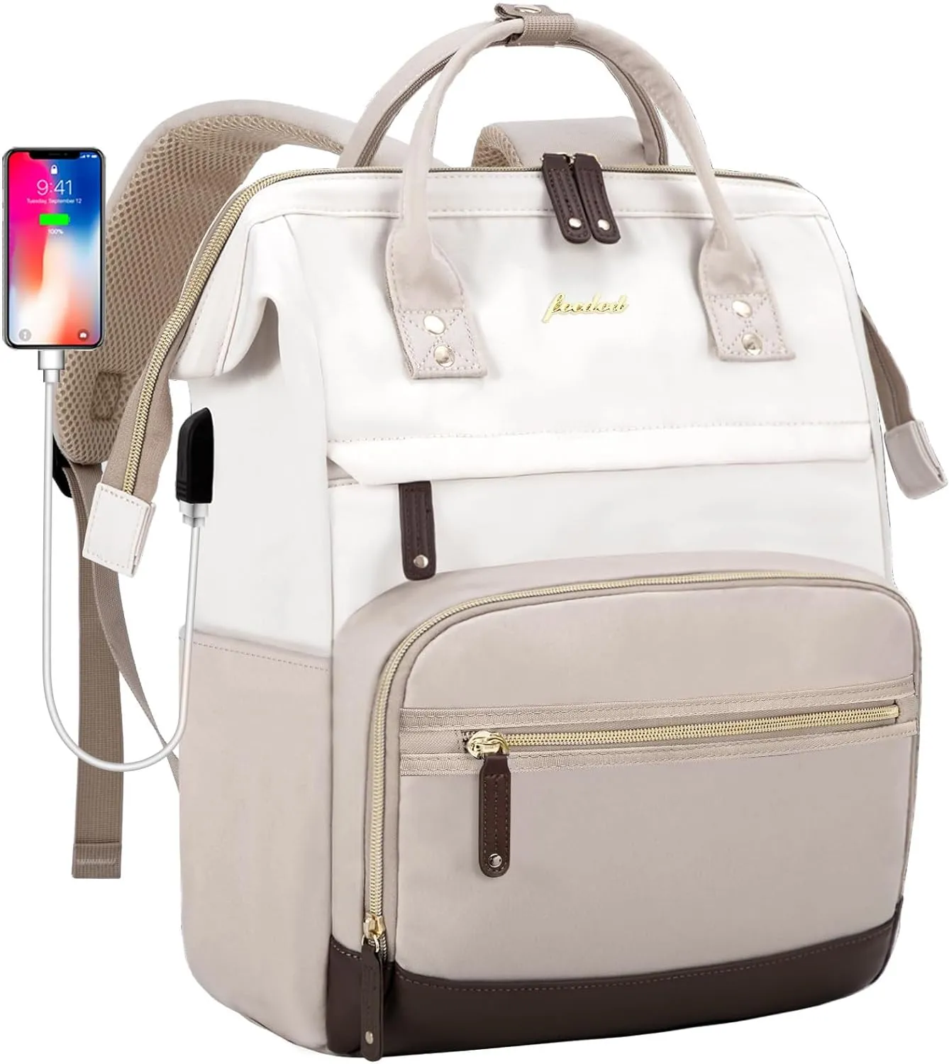 Laptop Backpack Women Teacher Backpack Nurse Bags 15.6 Inch Womens Work Backpack Purse Waterproof Anti-theft Travel Back Pack with USB Charging Port Beige-Khaki
