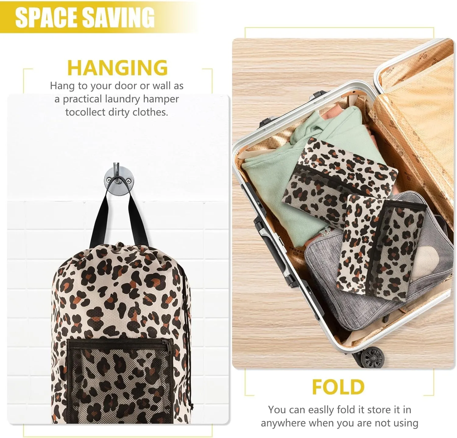 Laundry Bag Backpack, Extra Large Travel Laundry Bag with Mesh Pocket & Adjustable Shoulder Straps,Dirty Clothes Travel Bag for College Students Dorm,Apartment(Leopard Print)