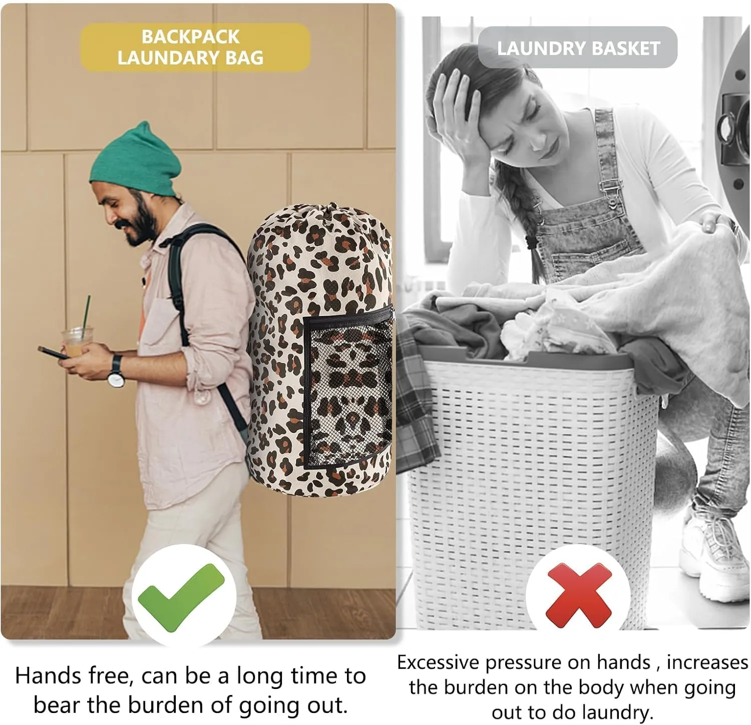 Laundry Bag Backpack, Extra Large Travel Laundry Bag with Mesh Pocket & Adjustable Shoulder Straps,Dirty Clothes Travel Bag for College Students Dorm,Apartment(Leopard Print)
