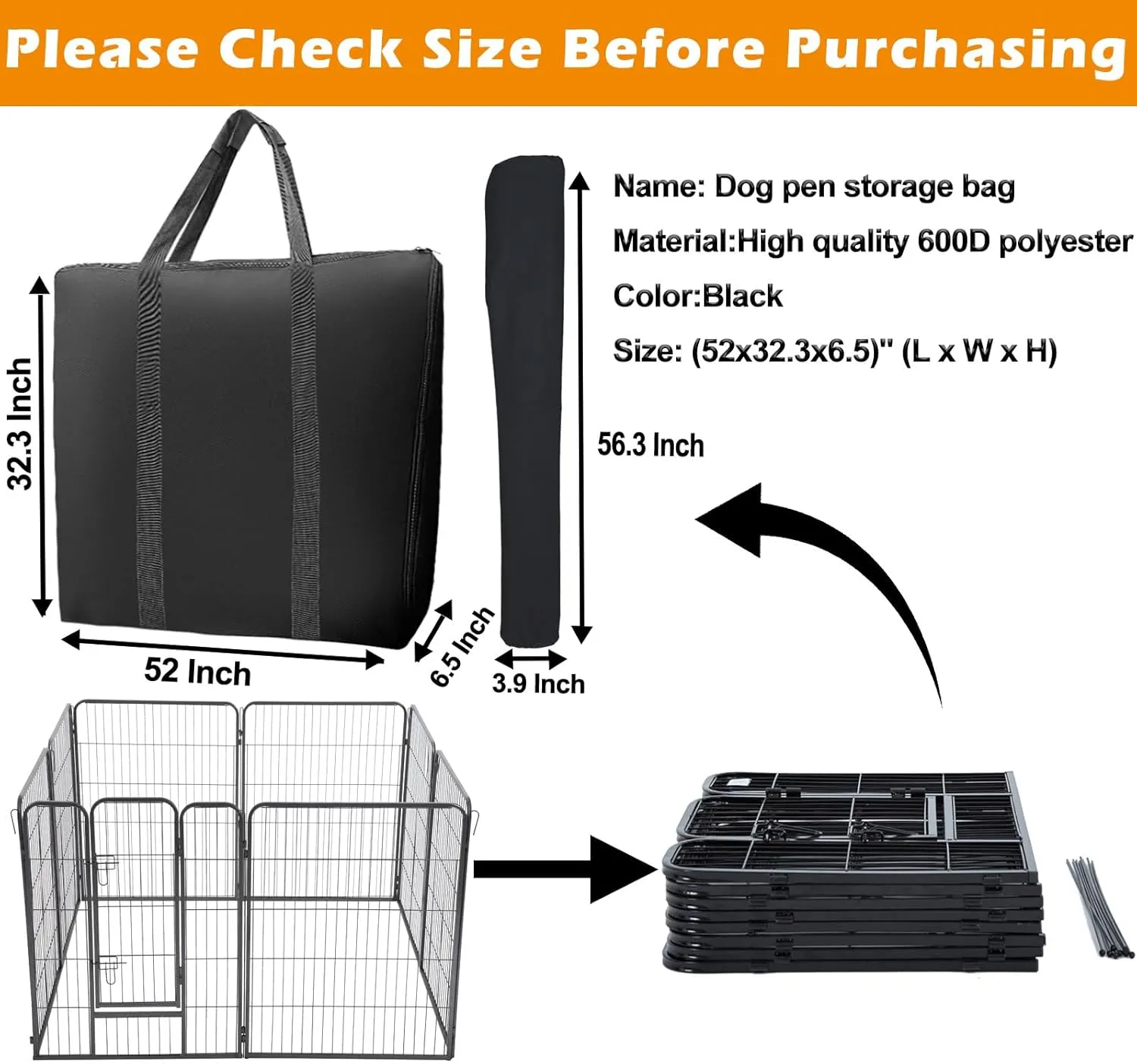 LWFCOEE Dog Playpen Storage Bag, 50 Inch Waterproof Heavy Duty Dog Fence Travel Bag with Handle for RV Trip, Fits 8 Panels Dog Pen and 9 Stakes, 52"x32.3"x6.5"