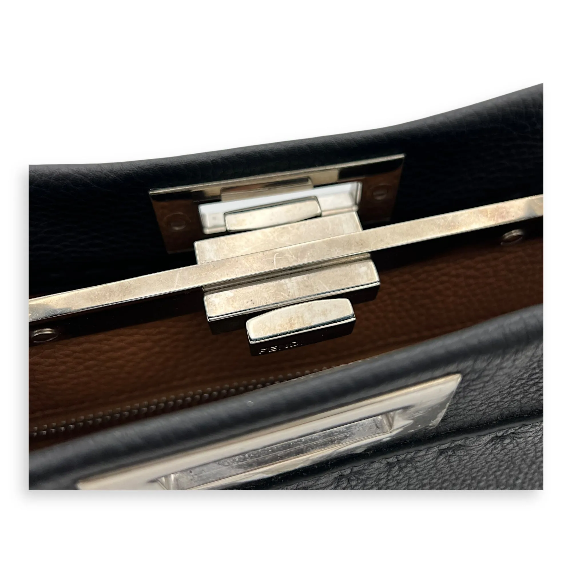 Peekaboo Medium Black Top Handle Bag in Calfskin, Silver hardware