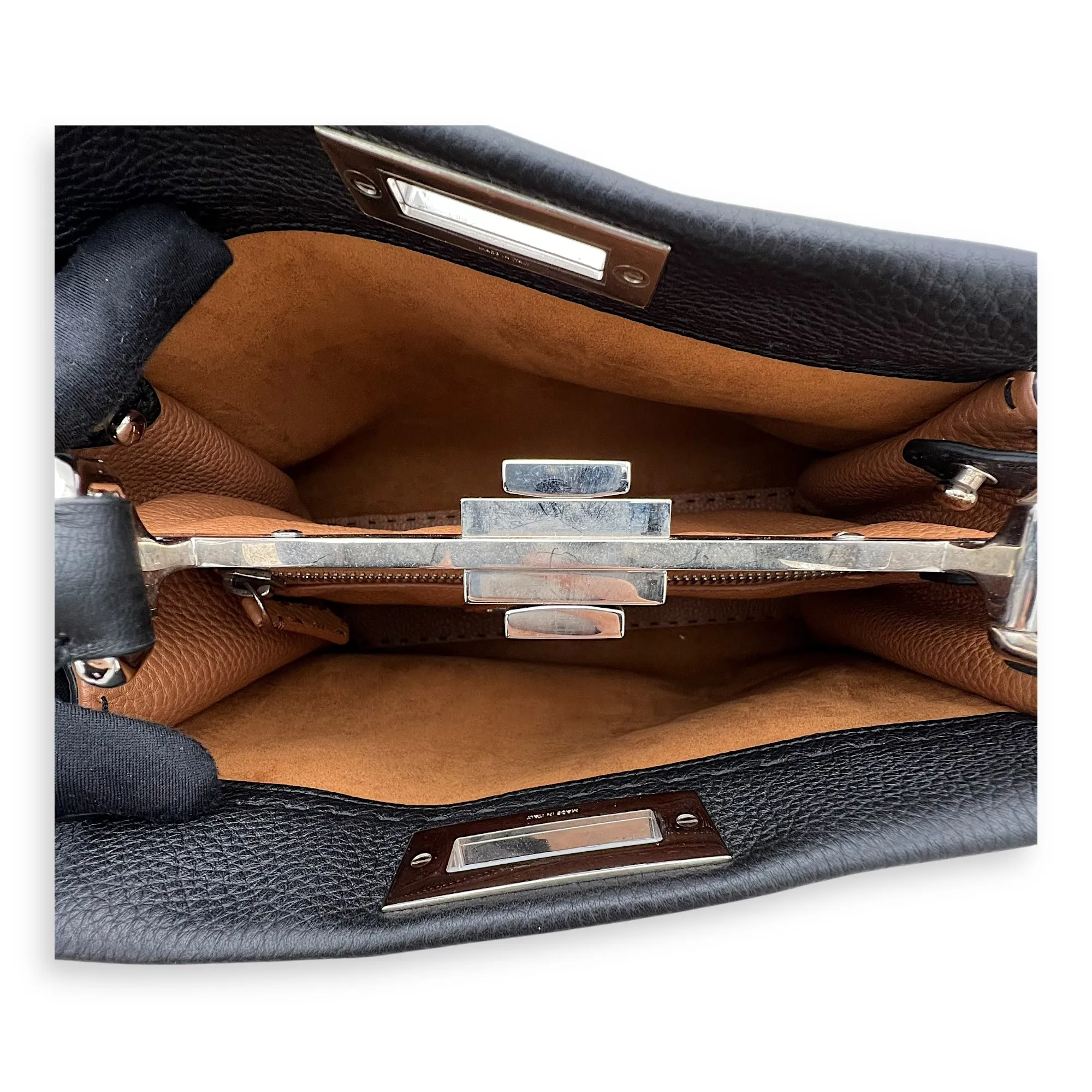 Peekaboo Medium Black Top Handle Bag in Calfskin, Silver hardware